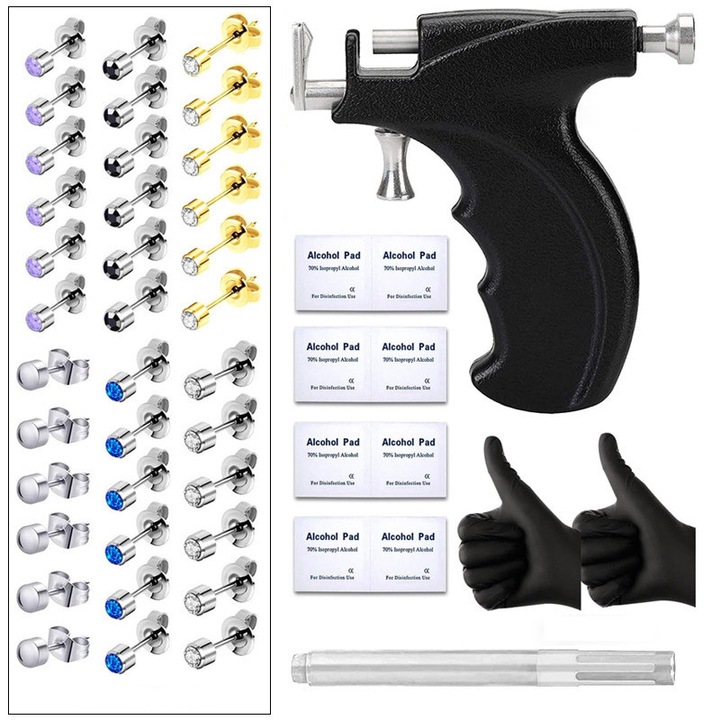Pistol profesional pentru piercing urechi si nas, pistol pentru piercing urechi cu cercei antitraumatici, Fudisenn, un pistol pentru piercing urechi, 36 de cercei, o pereche de manusi, un marker si 8 servetele cu alcool, sigur si nedureros, negru