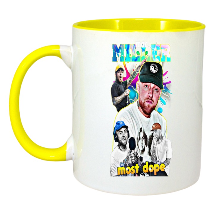Cana Mac Miller - Tricou alb, fundal colorat, Cri-Flo, Ceramica, 330ml. Maner si interior Galben