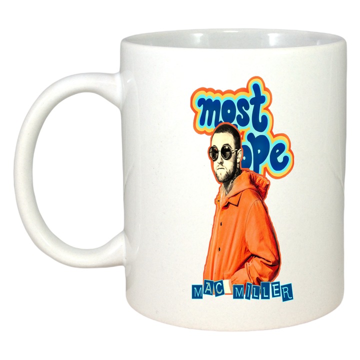Cana Mac Miller - 'most dope' in hanorac portocaliu, stil retro cartoon, Cri-Flo, Ceramica, 330ml. Maner si interior Alb