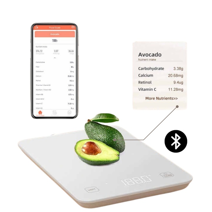 Cantar smart de bucatarie clickzu, cu Bluetooth si aplicatie, afisaj LED, analiza nutritiei, functie TARA, sticla securizata, capacitate 10kg, precizie 1g, ideal pentru diete, retete si control calorii, alb