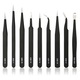 Set 9 Pensete de Precizie Retoo HandyTools, Otel inoxidabil, Husa pentru Pensete, Rezistent La Acid, Huse din Silicon, Amestec de Dimensiuni, 12 cm - 14 cm, Negru