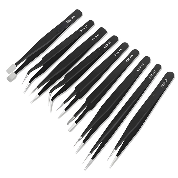Set 9 Pensete de Precizie Retoo HandyTools, Otel inoxidabil, Husa pentru Pensete, Rezistent La Acid, Huse din Silicon, Amestec de Dimensiuni, 12 cm - 14 cm, Negru