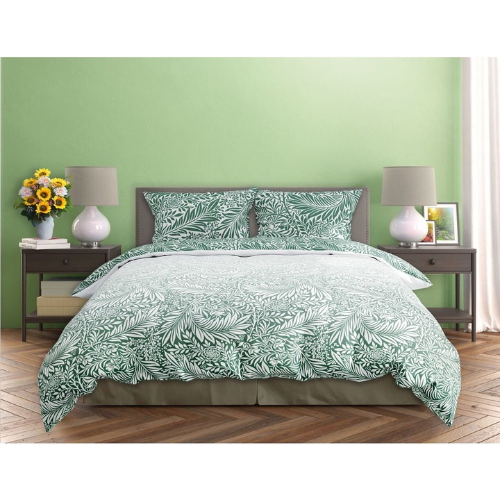 Ágyneműgarnitúra, Milagro Verde, 220x200 cm, szatén pamut, botanikai minta, fehér és zsálya színű