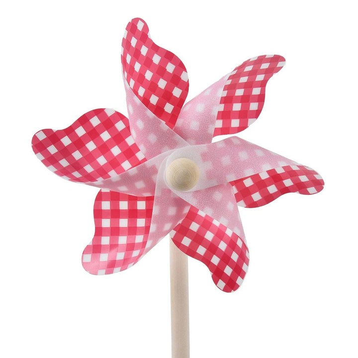 Moara de Vant Decorativa Fucsia Alba cu Carouri 30cm
