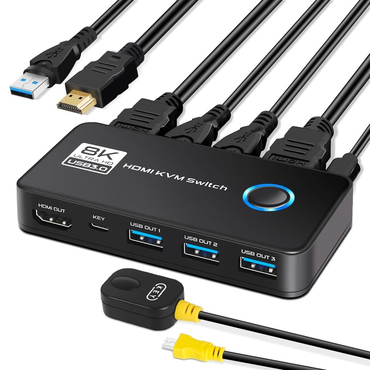 HDMI elosztó, 8K, HDMI 2.1, 3 USB 3.0 porttal, 3 bemenet 1 kimenet, 8K@60Hz, 4K@120Hz, osztott képernyő, Windows 7/8/10, Vista, XP, Linux és MacOS rendszerekhez, OUYLAF, fekete