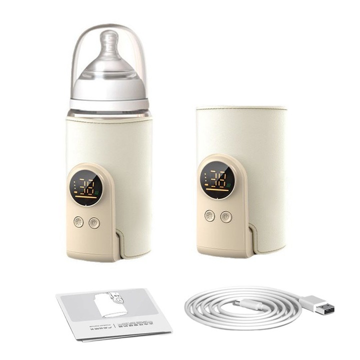 Incalzitor Biberoane Portabil, LXNZUHN®, 10000mAh 6 trepte, 38-50°C, Ecran LCD, Lumina de Veghe, Incalzire Constanta, Autonomie Extinsa, Incarcare Rapida 18W, Design Compact, Bej, 6.7x12.8x8.9cm