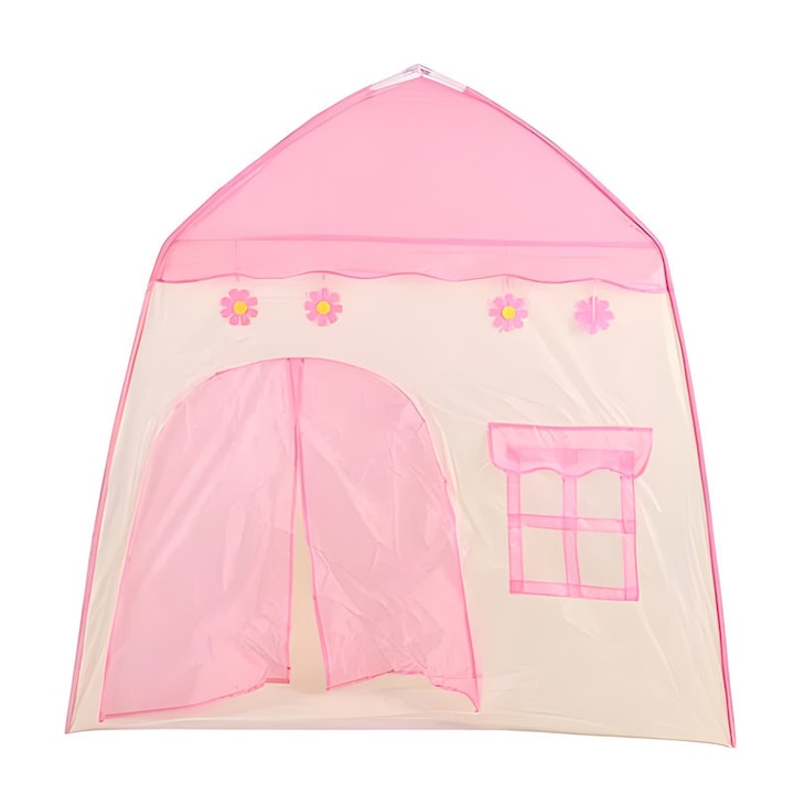 Детска палатка за игра, розова, със звездни светлини и гирлянд от пискюли, комплект за вътрешна и външна употреба