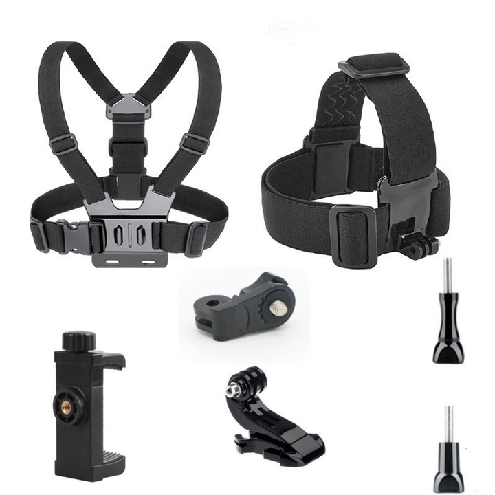 Set suport pentru camera sport si telefon, 7 in 1, ajustabil, 360, negru