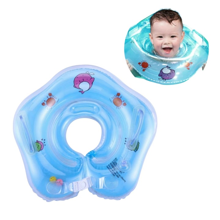 Colac pentru copii, 0-12 luni, material moale, compact, PVC, curele de reglare in jurul gatului, Pentru baie, joc de apa,, Plaja, piscina, albastru