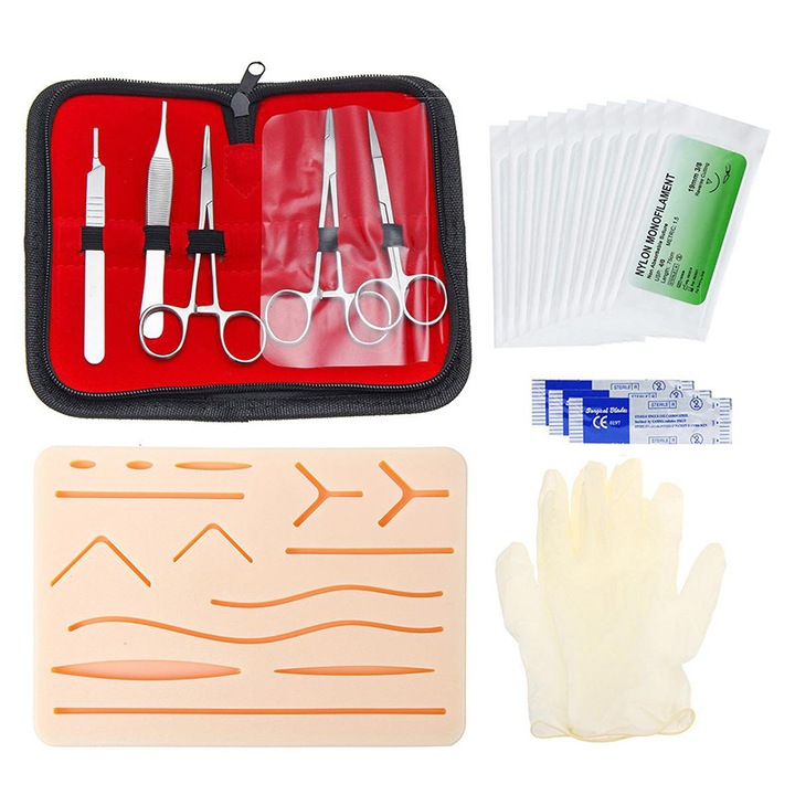 Kit de antrenament pentru sutura chirurgicala, suport pentru practica de sutura, practica de sutura chirurgicala, cu 18 accesorii, Fudisenn, grasime si muschi, simulare a abilitatilor, reutilizabil, pentru profesionistii medicali, multicolor
