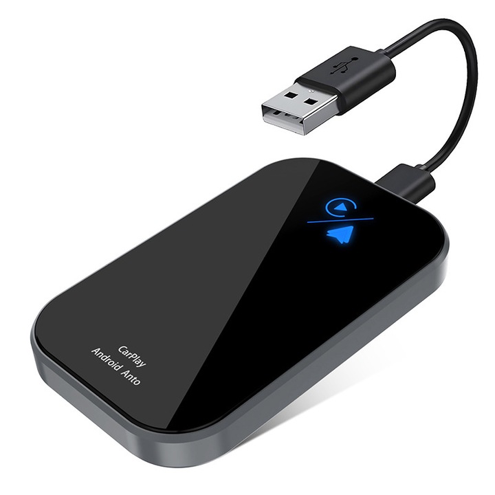 Adaptor Auto Wireless 2 in 1 Apple Carplay si Android Auto pentru Masini cu CarPlay cu Fir din Fabrica, Rqiurpn, Conectare Automata Plug and Play, Procesor AI, Car Smart Box, Bluetooth 5.0, WiFi 2.4 si 5 GHz, Adaptor USB Normal si USB Tip C, Negru