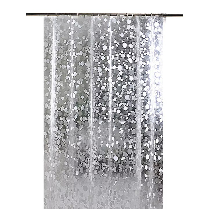 Perdea dus, Rqiurpn, 180x180 cm, impermeabil, EVA, 3D imprimeu pietricele transparente, antibacteriana