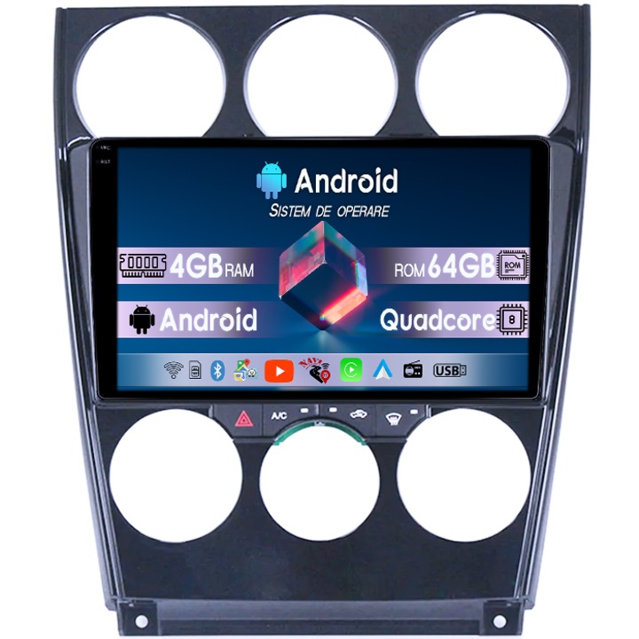 Dedikált navigációs rendszer, Mazda 6 2002 - 2008 modellekhez, 4 GB RAM/64 GB ROM, aktív hűtőventilátor, 1K Q-Led kijelző, 9 hüvelykes képátló, tolatókamera és külső mikrofon