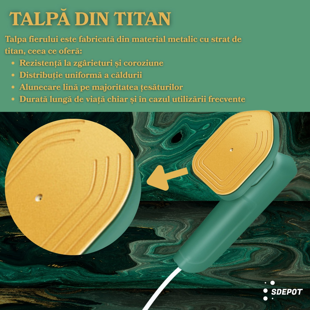 Mini fier de calcat SDEPOT®, cu aburi, un dispozitiv practic, eficient si adaptat nevoilor moderne, ideal pentru calatorii, talpa din titan, incalzire rapida, verde