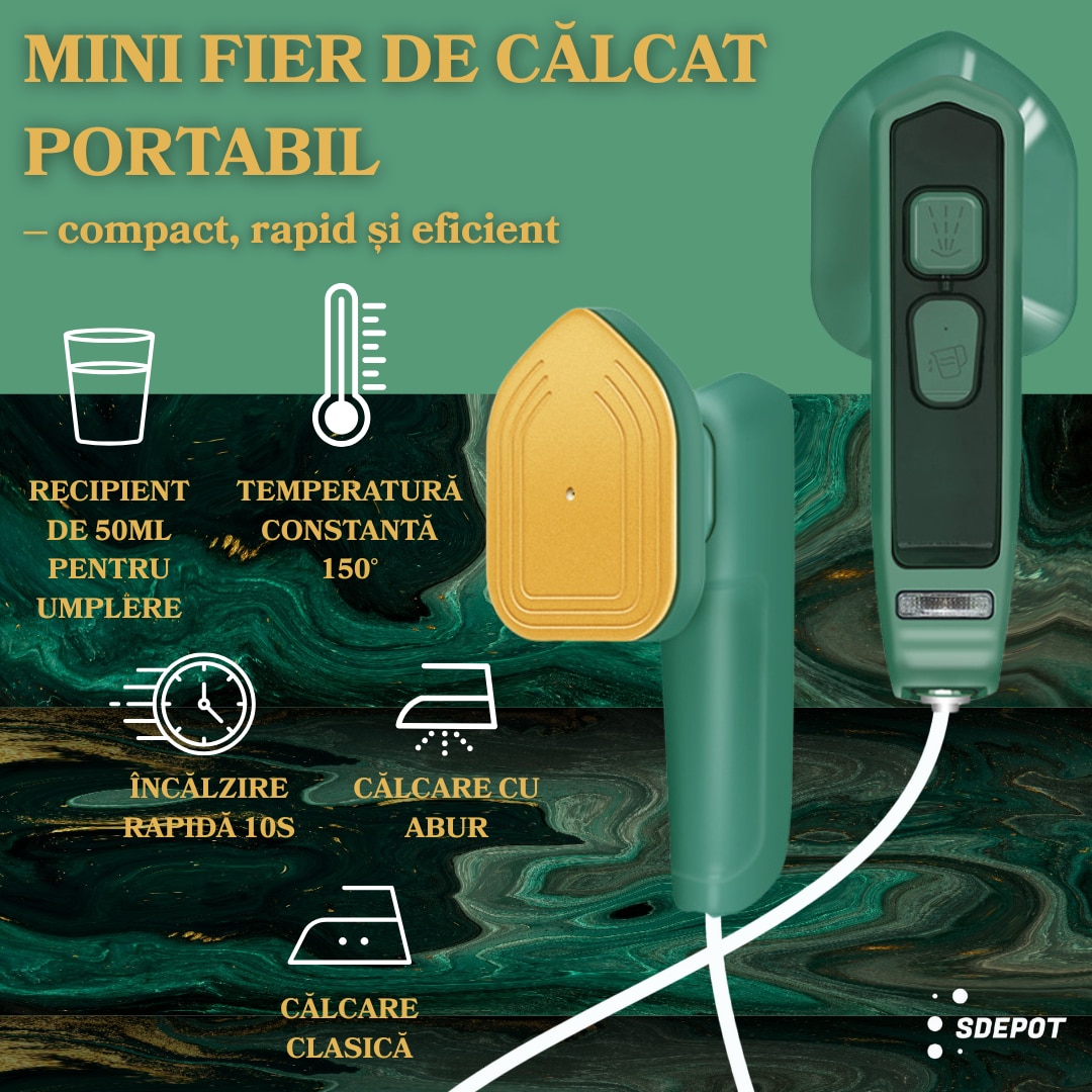 Mini fier de calcat SDEPOT®, cu aburi, un dispozitiv practic, eficient si adaptat nevoilor moderne, ideal pentru calatorii, talpa din titan, incalzire rapida, verde