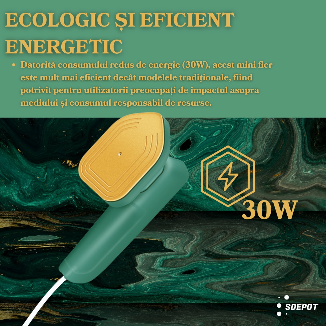 Mini fier de calcat SDEPOT®, cu aburi, un dispozitiv practic, eficient si adaptat nevoilor moderne, ideal pentru calatorii, talpa din titan, incalzire rapida, verde