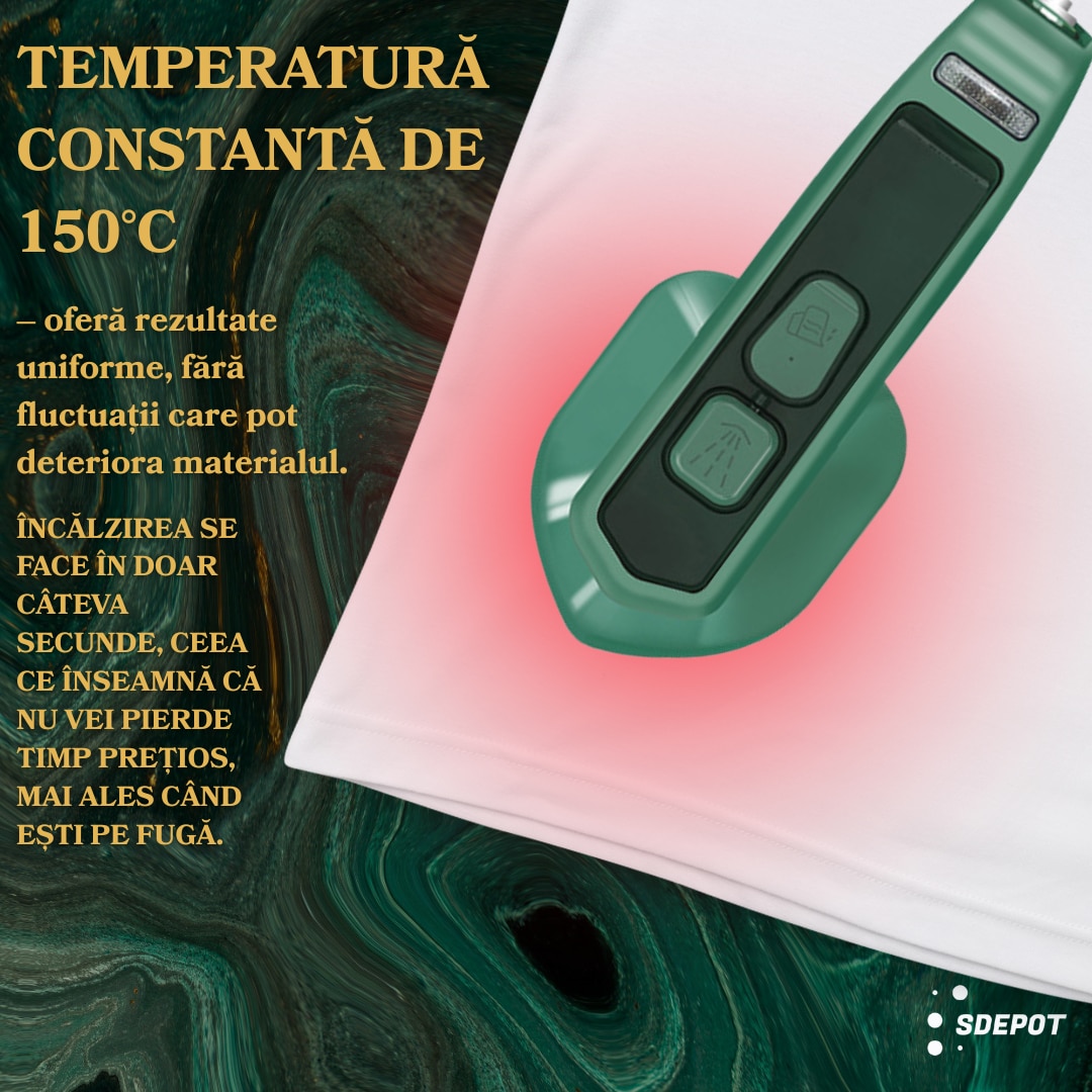 Mini fier de calcat SDEPOT®, cu aburi, un dispozitiv practic, eficient si adaptat nevoilor moderne, ideal pentru calatorii, talpa din titan, incalzire rapida, verde