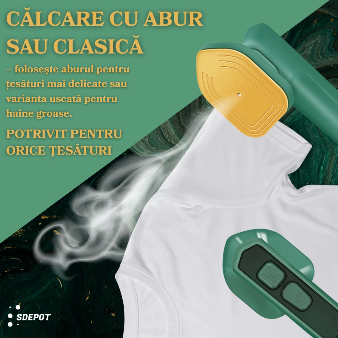 Mini fier de calcat SDEPOT®, cu aburi, un dispozitiv practic, eficient si adaptat nevoilor moderne, ideal pentru calatorii, talpa din titan, incalzire rapida, verde