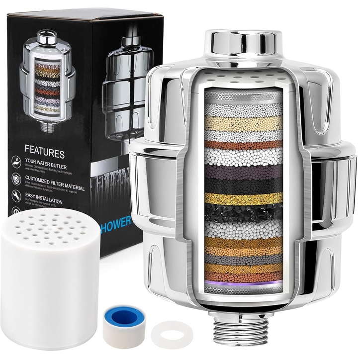 Filtru de dus cu 20 de etape si 1 cartuse filtrante, Tioialz®, pentru apa dura, filtru pentru cap de dus multi-etajat cu cartus filtrant inlocuibil pentru indepartarea clorului, fluorului si metalelor grele