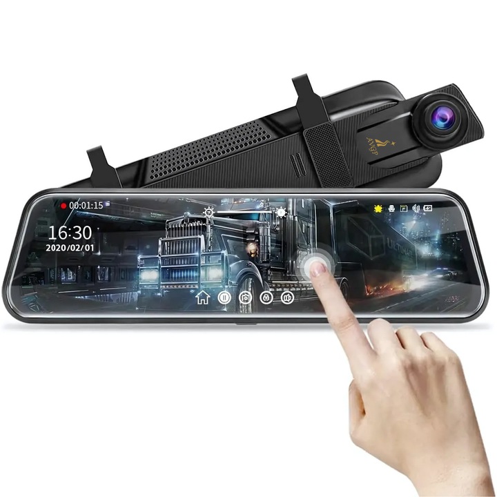 Visszapillantó tükör dupla autókamerával 4K UHD + 1080P, 10 hüvelykes / 25,4 cm-es IPS érintőképernyő, éjjellátó, osztott képernyő, parkolásfigyelés, G-szenzor, folyamatos felvétel, SD-kártya támogatás, parkolásasszisztens, fekete