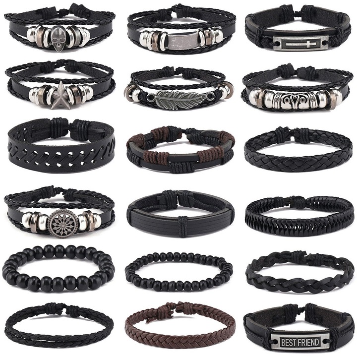 Set bratara, 18 piese, MENZ®, model Urban, modele diferite, inchidere ajustabila, negru