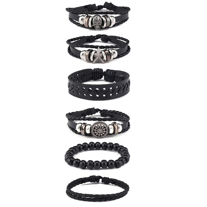 Set bratara, 6 piese, MENZ®, model Prestige, modele diferite, inchidere ajustabila, negru