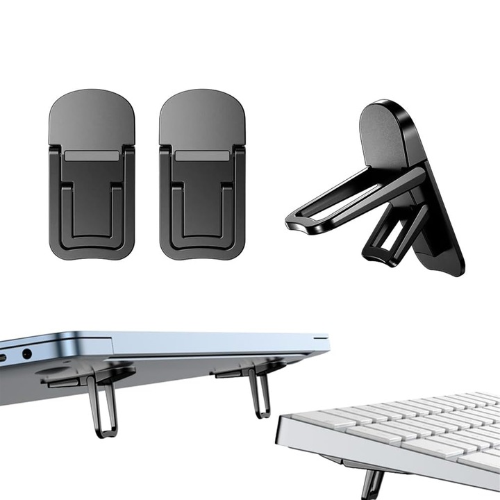 Suport laptop pliabil 2 piese, TREXORA, design autoadeziv, usor si rezistent, imbunatateste disiparea caldurii, negru