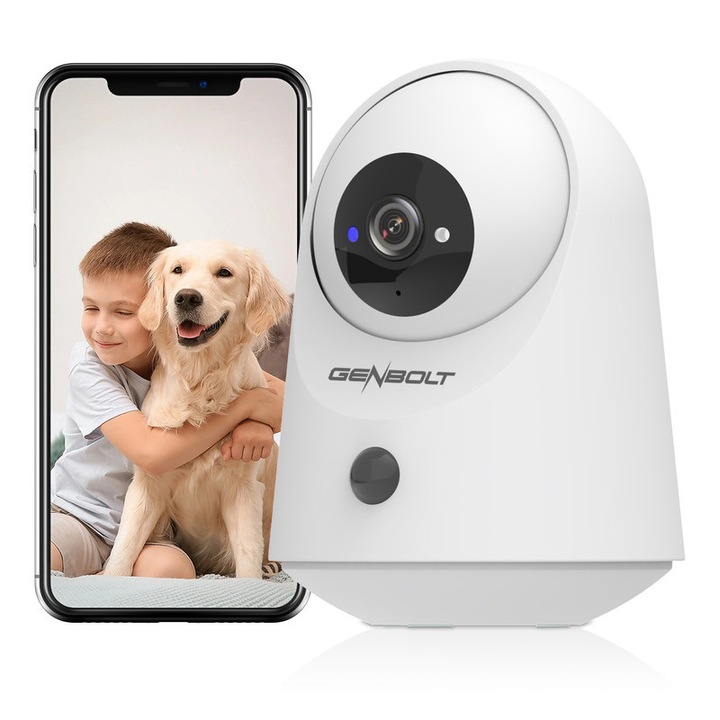 GENBOLT® Интелигентна вътрешна камера за видеонаблюдение, 3MP, 2K, за използване като бебефон, Bluetooth връзка, интелигентен IR, батерии 4800 mAh, двупосочна Audi, аларма, нощно виждане, разпознаване на хора, безжична, лесна за инсталиране, бяла