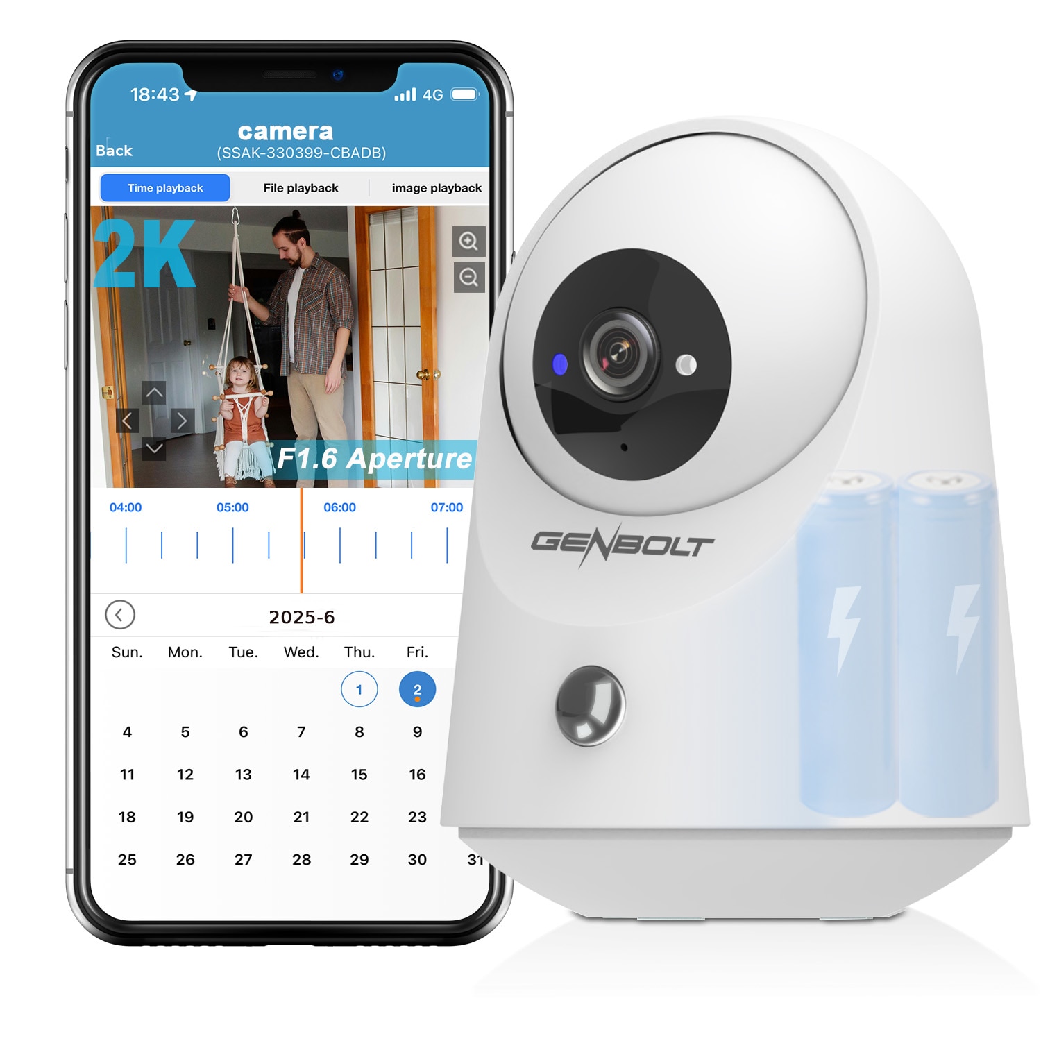 Camera de Supraveghere Smart Interior GENBOLT®, 3MP, 2K, Utilizare Baby Monitor, Conexiune Bluetooth, Smart IR, acumulatori 4800 mAh, Two-Way Audi, Alarma, Vedere nocturna, Detectare persoana, Wireless, Usor de instalat, Alba