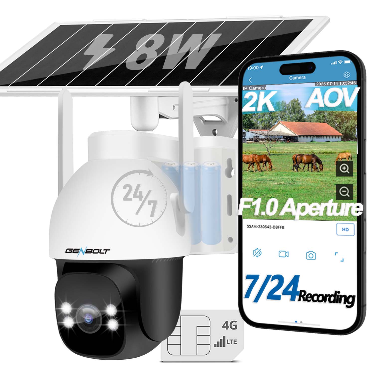 Camera de supraveghere cu SIM 4G si panou solar GENBOLT®, 2K, AOV, Acumulator 15600 mAh, Panou Solar 8W, Inregistrare continua 24/7, F1.0 Crystal Night Vision, 4X zoom, comunicare bidirectionala, stocare card/cloud, Alb/negru