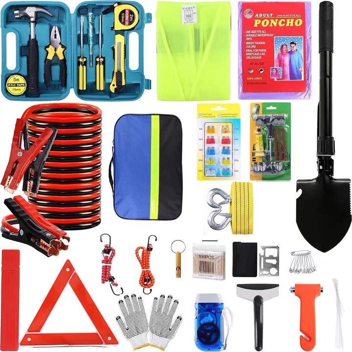 Комплект за безопасност в автомобил, WALALLA, Комплект за спешна пътна помощ с кабели за стартиране, теглене, предпазен чук, светлоотразителна жилетка, за зимно време, пътувания и автомобилни екскурзии, черен