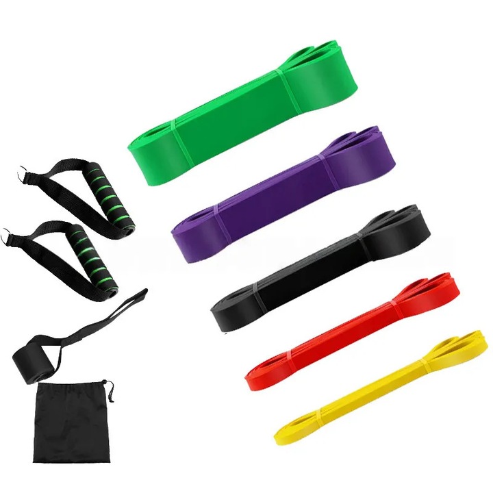 Комплект фитнес ластици за съпротивление, 5 нива на съпротивление, многоцветни, 2080x4.5 мм