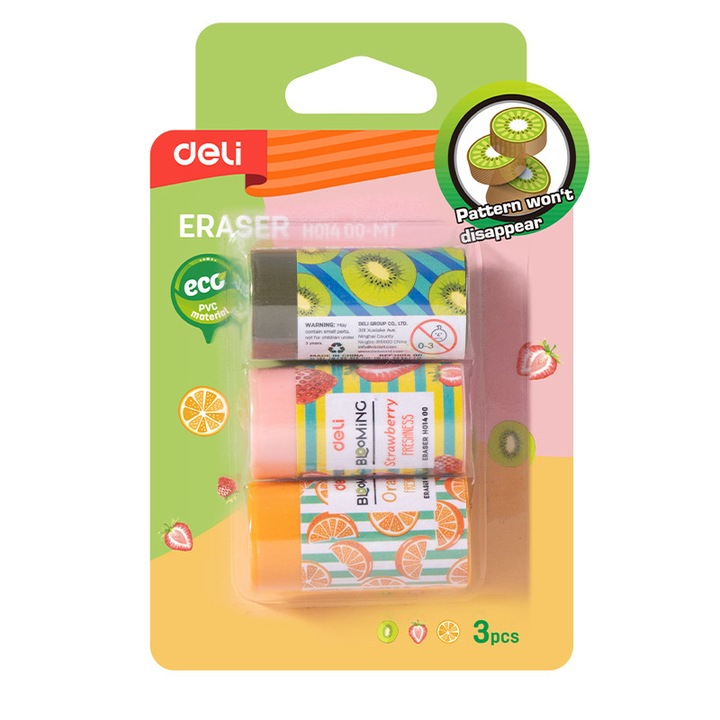 Set 3 radiere Deli, capsuni portocala kiwi, 43x22x22mm