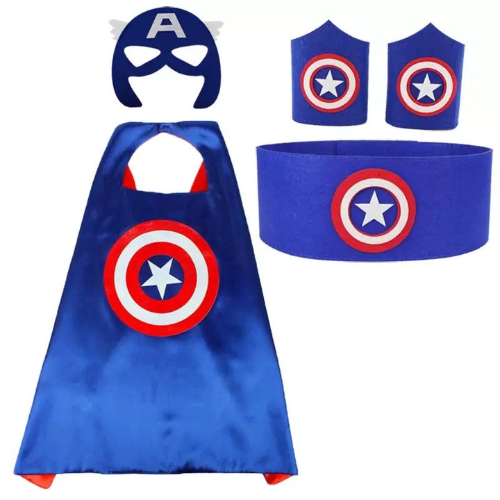 5 darabos szett, Amerika Kapitány jelmez, gyerekeknek, köpeny és maszk, csuklóvédők, öv, kék/piros, 70x70 cm