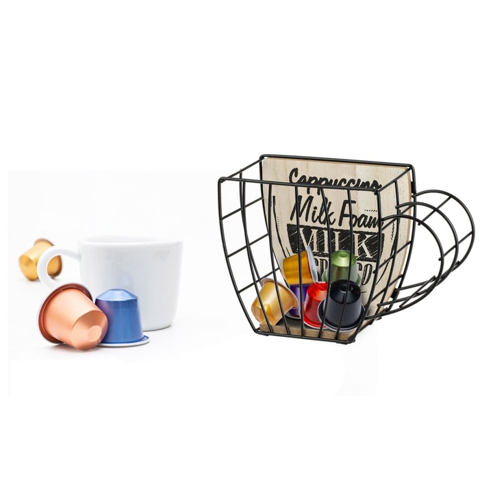 Suport in forma de ceasca maro metalica cu baza din lemn pentru capsule de cafea "cappuccino milk foam milk espresso"