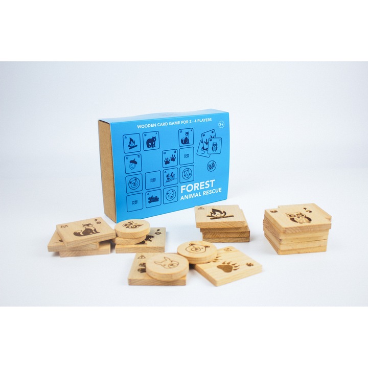 Образователна дървена игра - PurePlay - Спасяване на горски животни, 2-4 играчи, възраст 3+, 16 дървени карти + 4 жетона