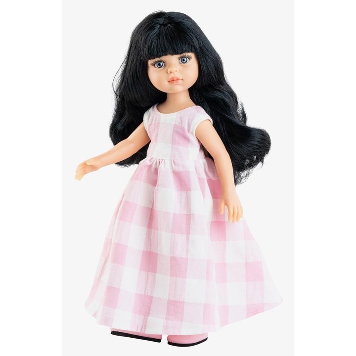 Paola Reina Carina baba, vinil, 32 cm, fekete haj, rózsaszín-fehér ruha