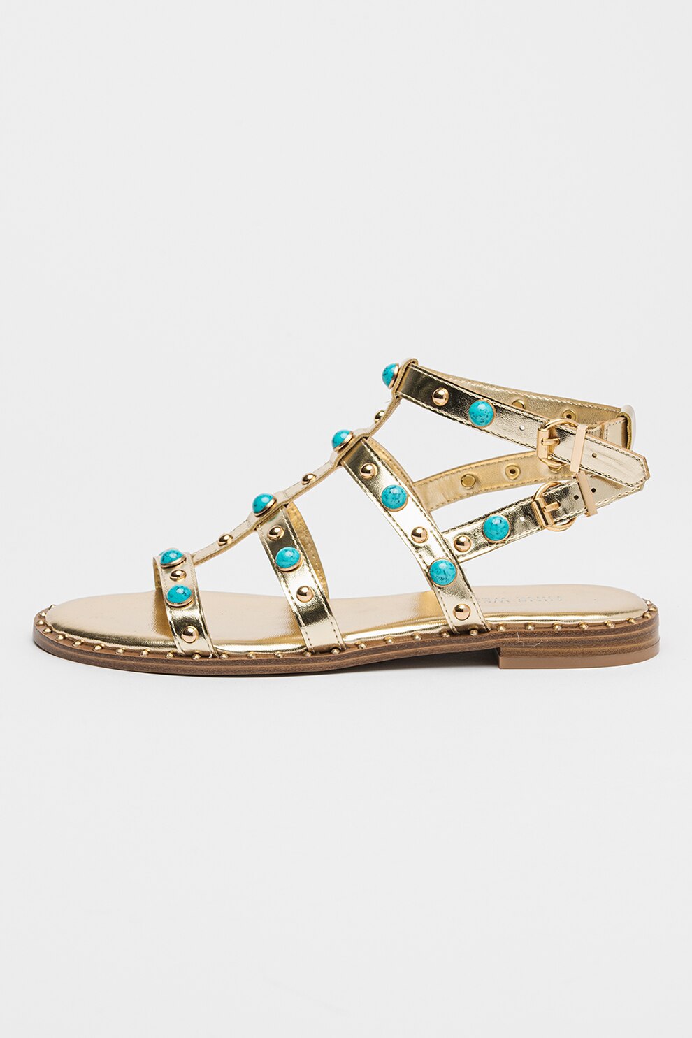 NINE WEST, Sandale din piele ecologica cu aplicatii Mindela, Auriu, Turcoaz, 6.5