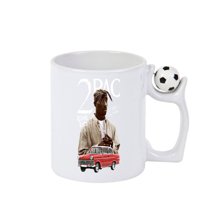 Cana Tupac 2Pac ThugLife Old Cars, Cri-Flo, Ceramica, 330ml. Minge rotativa antistres, Maner si interior Alb/Negru