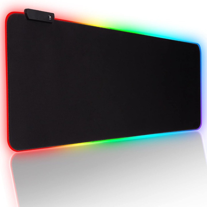 Mousepad Mare Cauciucat Velixo®, Pentru Gaming, Birou, Office, cu Iluminare LED RGB, Antiderapant, Cusaturi Anti-Rupere, Waterproof, model Harta Lumii, Cablu USB Inclus, 80 x 30cm, Negru
