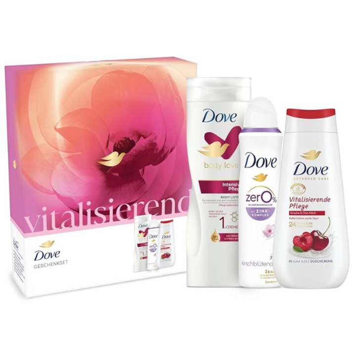 Dove ajándékcsomag Vitalisierend Cherry tusfürdő 225ml+Intensive testápoló 400ml és dezodorral 150ml