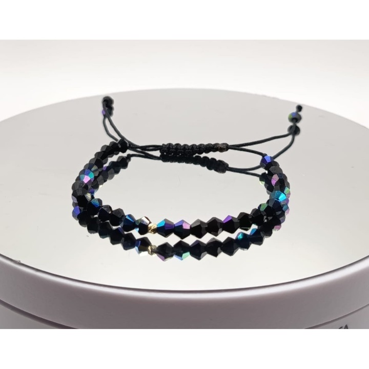 Bratara Unisex realizata din bile de Aur 14k, cristale semipretioase Hematit negru cameleon fatetat, snur impletit reglabil 15-25cm