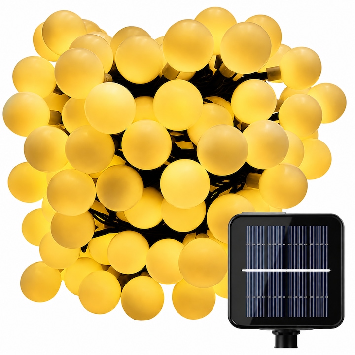 Ghirlanda de Lumini Decorative cu Incarcare Solara, 50 LED-uri Impermeabile, Lungime Totala 7 Metri, Perfecta pentru Decor Exterior Casa, Terasa, Curte, Gradina, Veranda, Lumina Calda si Ambianta Primitoare pe Timp de Noapte