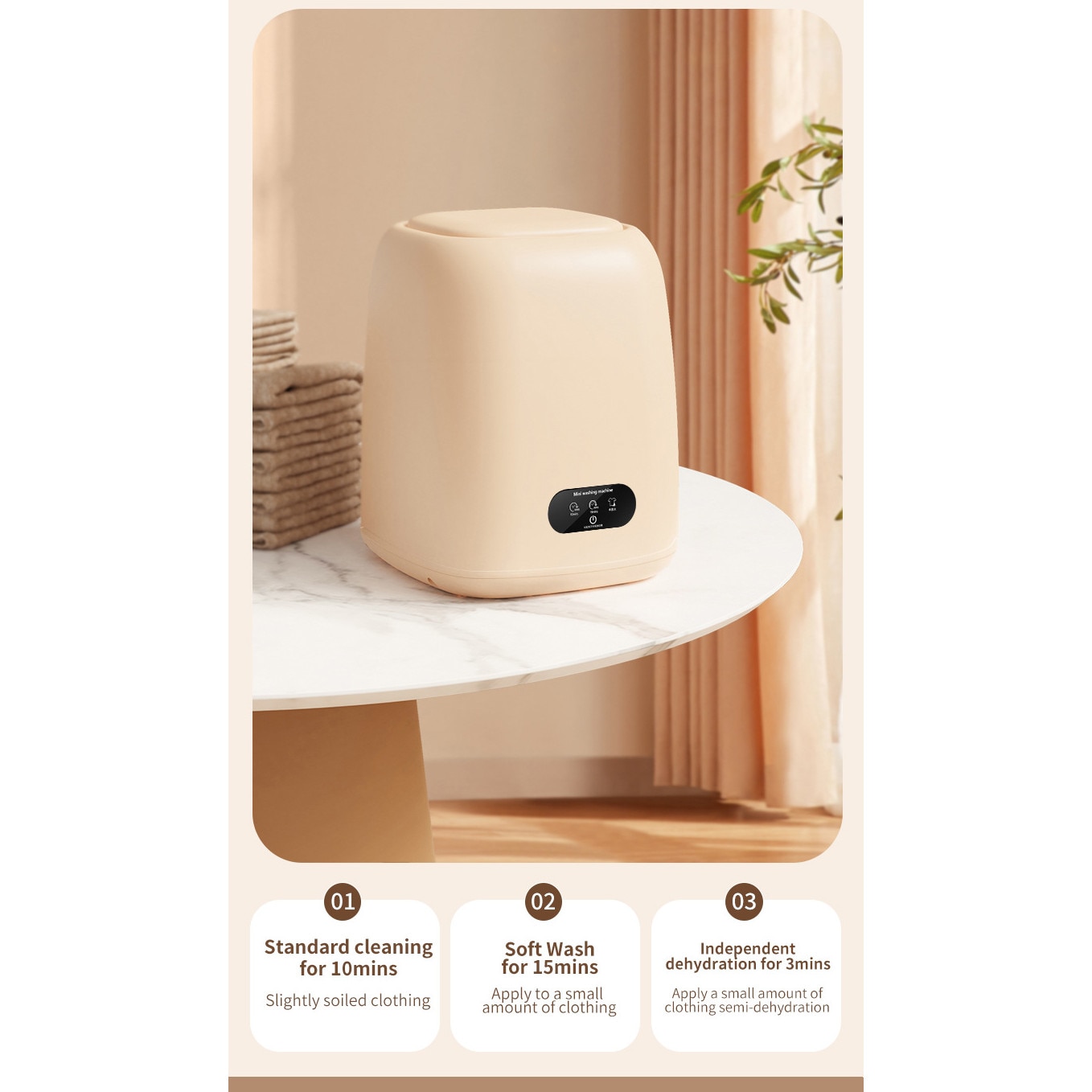Masina de spalat mini, capacitate mare de 9L, 10W, economie de energie verde, galben crem
