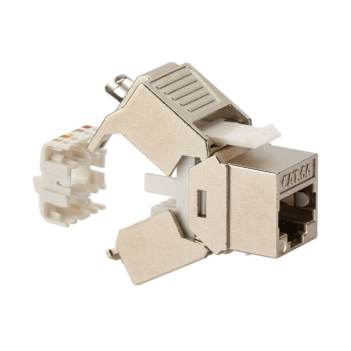 Conector modul Keystone Jack Cat.6A, 180°, 10Gbps / 500Mhz, FTP (ecranat), Autosertizare (toolless), Argintiu, Fanton