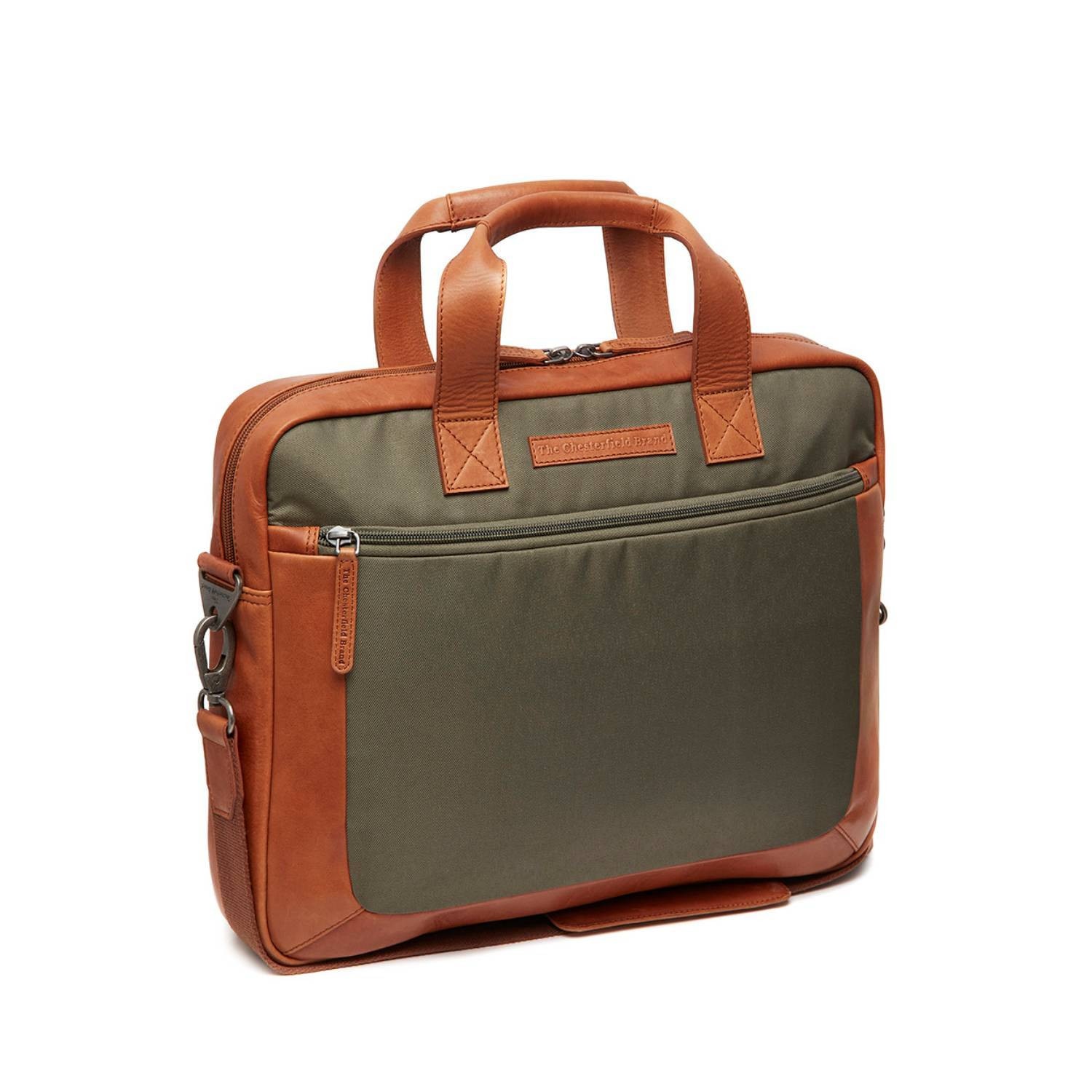 Geanta pentru laptop de 15 inch, din piele naturala si nylon, The Chesterfield Brand, Narvik, Verde olive