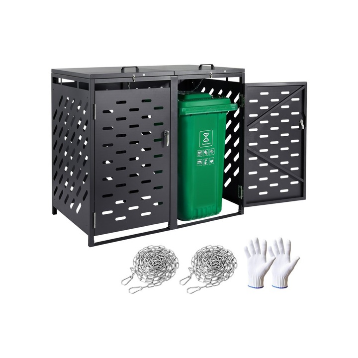 Masca pentru Pubele de Gunoi, 2 Compartimente, 80 x 132 x 116 cm, Otel Galvanizat, Negru