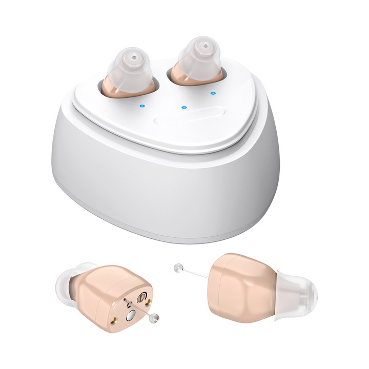 Aparat auditiv digital reincarcabil, Cip inteligent AI, 16 canale, Fudisenn®, Stealth wireless, memorie automata, 110 dB, 20 de ore de viata a bateriei, Cu incarcator de alimentare mobil, Alb