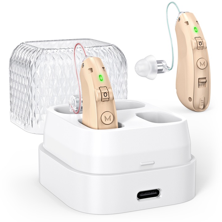 Aparat auditiv digital reincarcabil Fudisenn®, Potrivit pentru pierderea auzului usoara pana la moderata, 112 dB, 45 de ore de viata a bateriei, ergonomic, Reducere a zgomotului si calitate clara a sunetului, Potrivit pentru persoanele in varsta, Alb