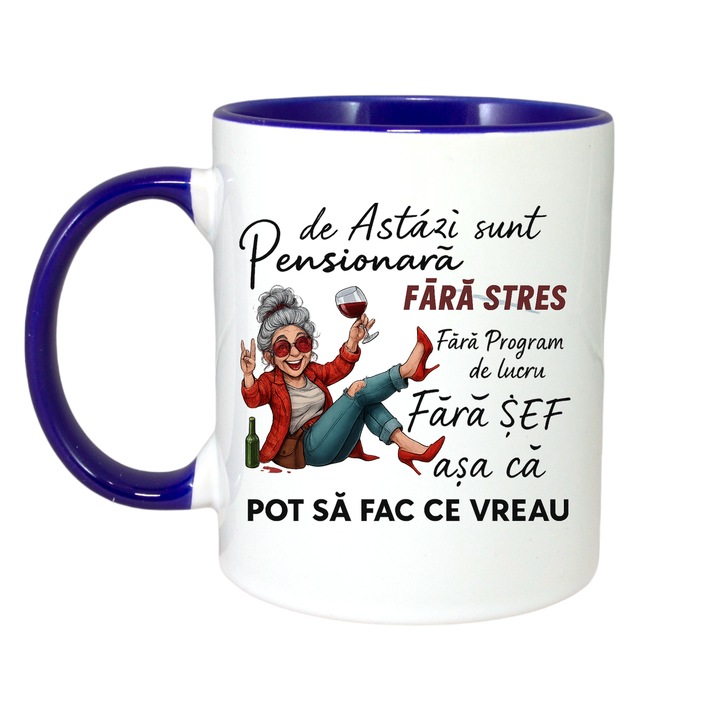 Cana Chat sunt la pensie de azi, Cri-Flo, Ceramica, 330ml. Maner si interior Albastru